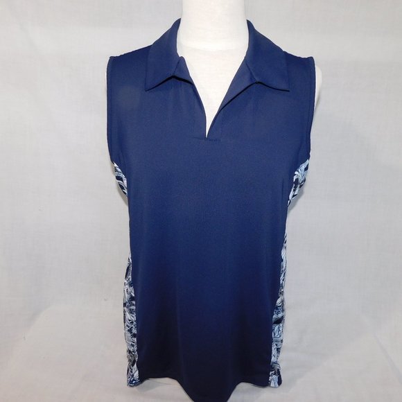 Coral Bay Womens L Navy Blue White Floral Detail Sleeveless Golf Polo Shirt - Picture 1 of 12